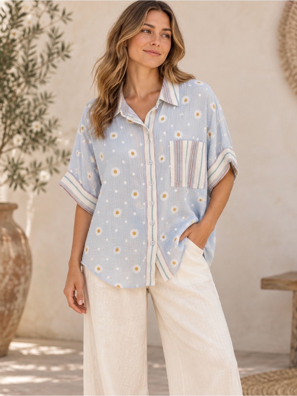 easel Daisy Print Button-Down Shirt (090890) 🌼